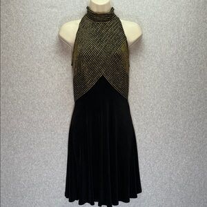 Tadashi Shoji Vintage Halter Neck Black & Gold Mini Evening Dress